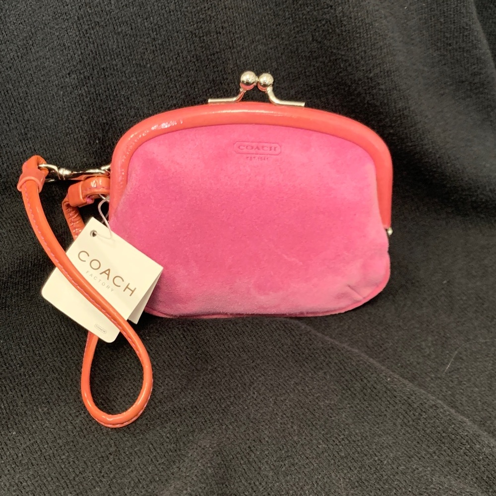 Coach Pink Suede Kiss-Lock Clutch with Coral Trim - Picture 2 of 4